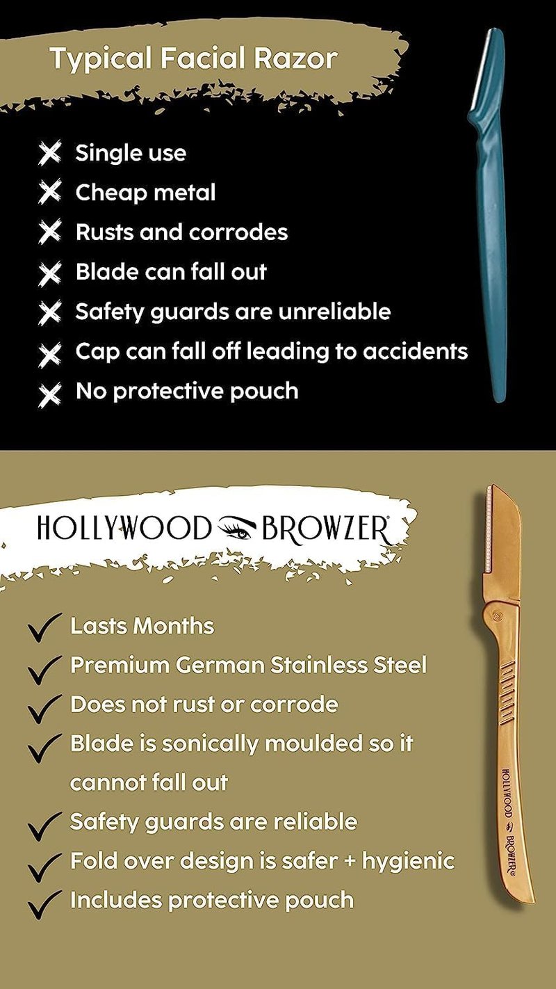 Hollywood Browzer Hair Removal and Dermaplaner - Eyebrow Razor for Women - Removes Peach Fuzz - Travel Size Eyebrow Grooming Kit - Gold - 1 pc