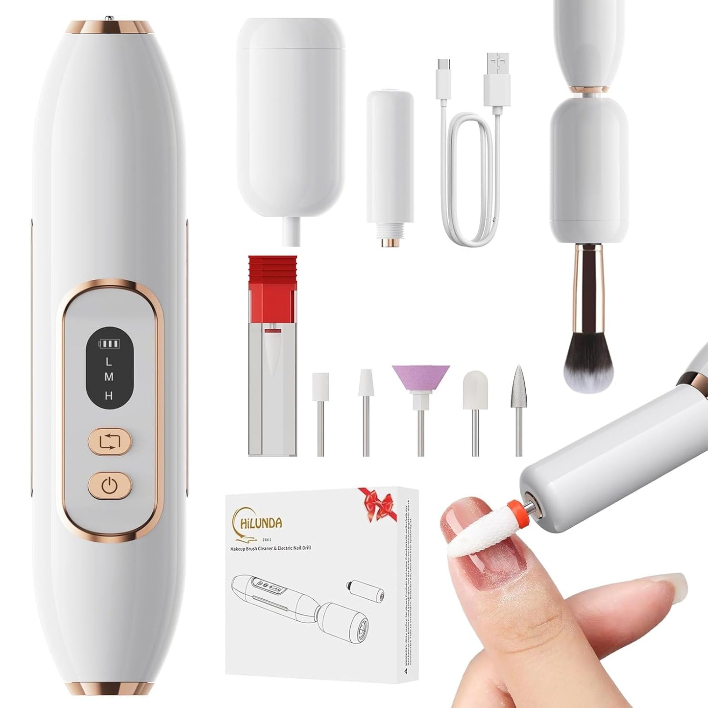 Electric Nail Drill - 2-in-1 Nail File & Makeup Brush Cleaner | Portable, Rechargeable, Ultra Low Noise, 1500 mAh Battery