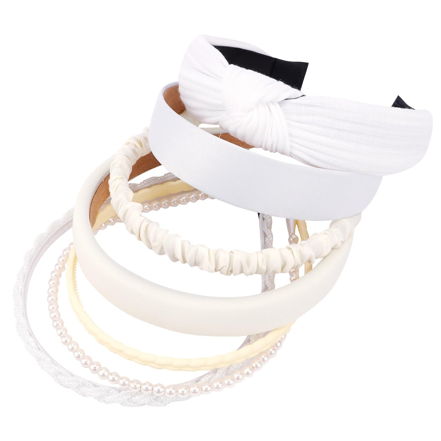 VELSCRUN Headbands for Women 7 Pcs Different White Fashion Knotted Solid Head Bands Pearl Headband Non Slip Hair Band for Womens Gilrs Thin Thick Short Hair Face Wash Hair Accessories