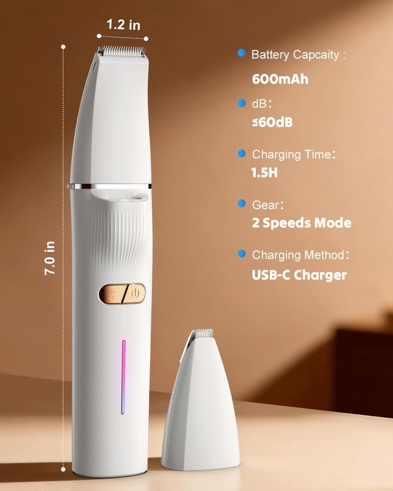 2-in-1 Dog Paw Trimmer - Quiet Cordless Clippers with 2 Speeds | Small Pet Grooming Tool for Paws, Eyes, Ears, Face, Rump - USB-C (White)