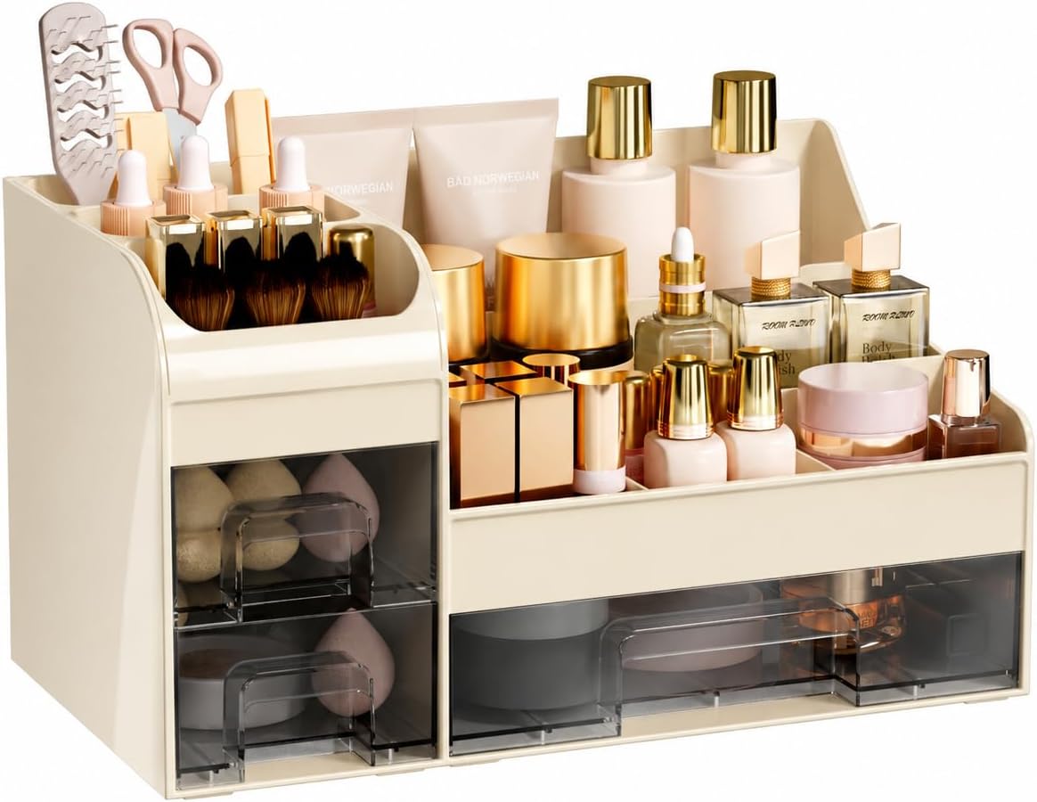 Large Makeup Organizer - Vanity Countertop Storage with Drawers & Brush Holder | Black