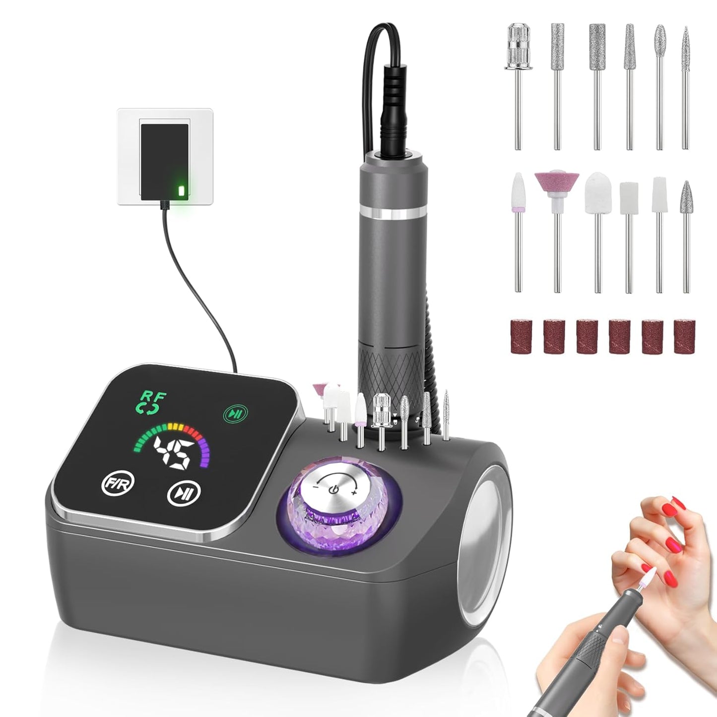 Electric Nail Drill E-File Machine - 45,000 RPM Corded Kit with Low Noise & LED Display for Acrylic Gel Nails | Salon & Home Use
