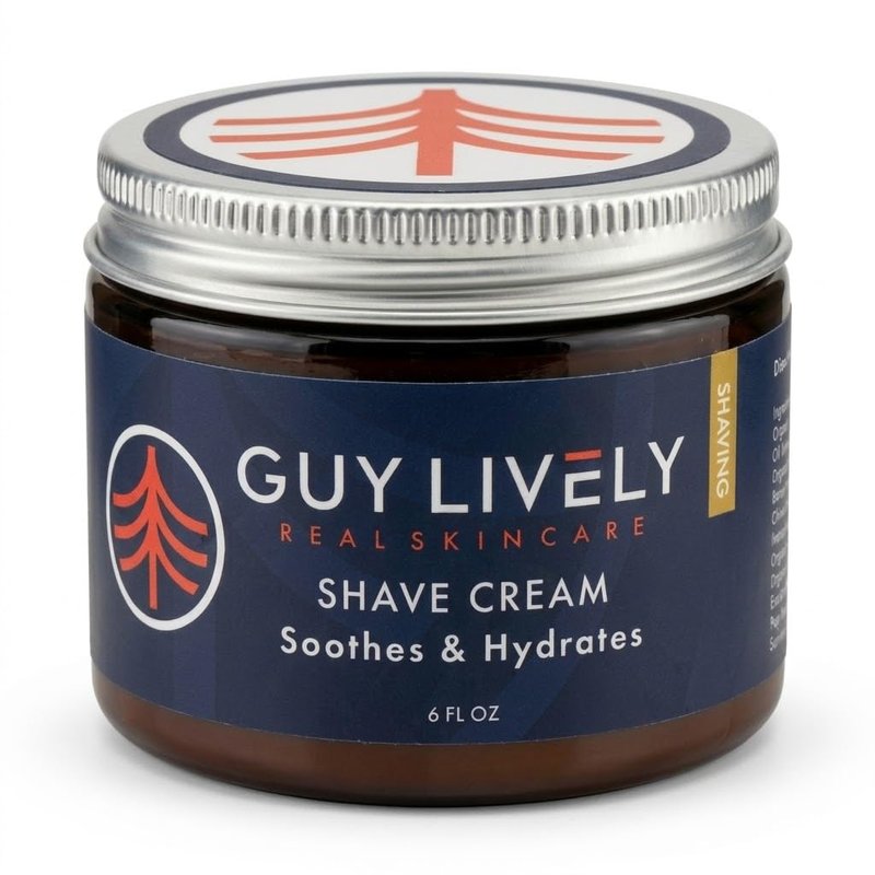 Guy Lively Men’s Natural Shaving Cream, Unscented Non‑Foaming Shaving Cream for Sensitive Skin with Organic Aloe, Shea & Cocoa Butter, Vegan Formula Reduces Razor Burn & Irritation, 6 oz, Made in USA