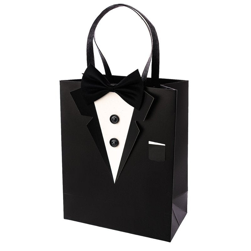 Crisky 6 Pack Classic Black 3D Tuxedo Gift Bags Real Bow Tie, Buttons for Groomsman Father's Birthday Anniversary Wedding Favor 10" x8" x4"