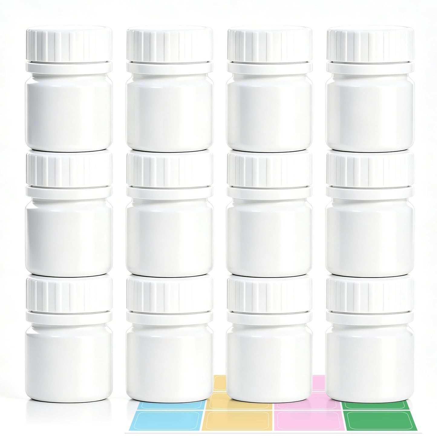 12 Pack Food Grade Pill Bottle with Labels, Empty Plastic Medicine Bottles, Travel Pill Container Organizers for Pills Capsules Vitamins Powder(1oz)