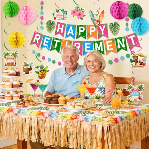 Tropical Hawaiian Retirement Party Decoration Kit - Happy Retirement Banner & Honeycomb Balls
