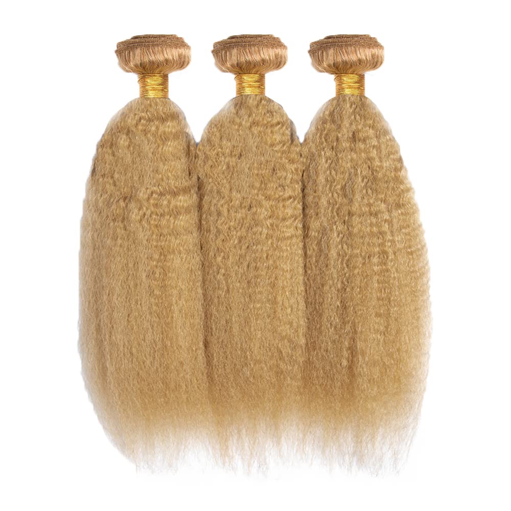 Honey Blonde Bundles 16 18 20 Inch Human Hair Color #27 Kinky Straight Bundle Brazilian Virgin Hair Mixed Length 3 Bundles Blonde Yaki Straight Bundle Hair Weave 300g