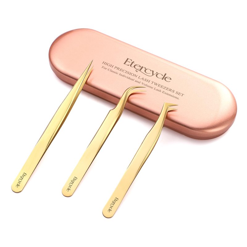 Etercycle High Precision Lash Tweezers Set - Includes 3 Stainless Steel Eyelash Tweezers for Classic Individual and Volume Lash Extensions. Complete with Storage Box