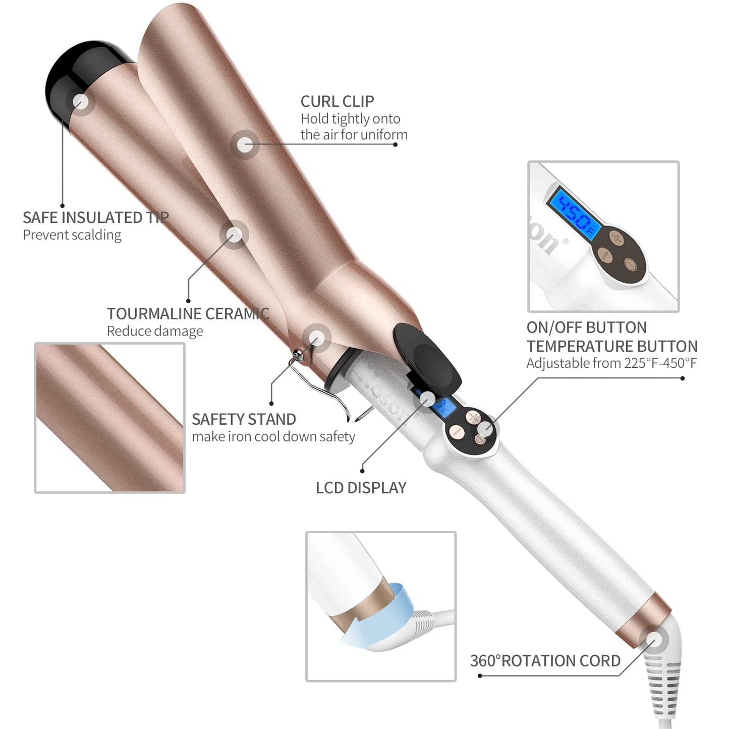 Curling Iron - 2 Inch Large Barrel Dual Voltage Ceramic Tourmaline Wand with LCD Display & Glove Included