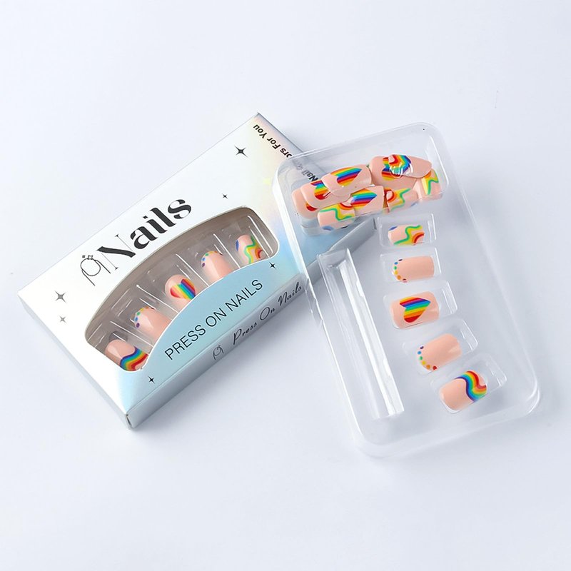 Rainbow Stripe Press on Nails Short Square Fake Nails with Colorful Heart Polka Dot Design Summer Press on False Nails Glossy Stick on Nail Reusable Artificial Glue on Nail for Women 24Pcs