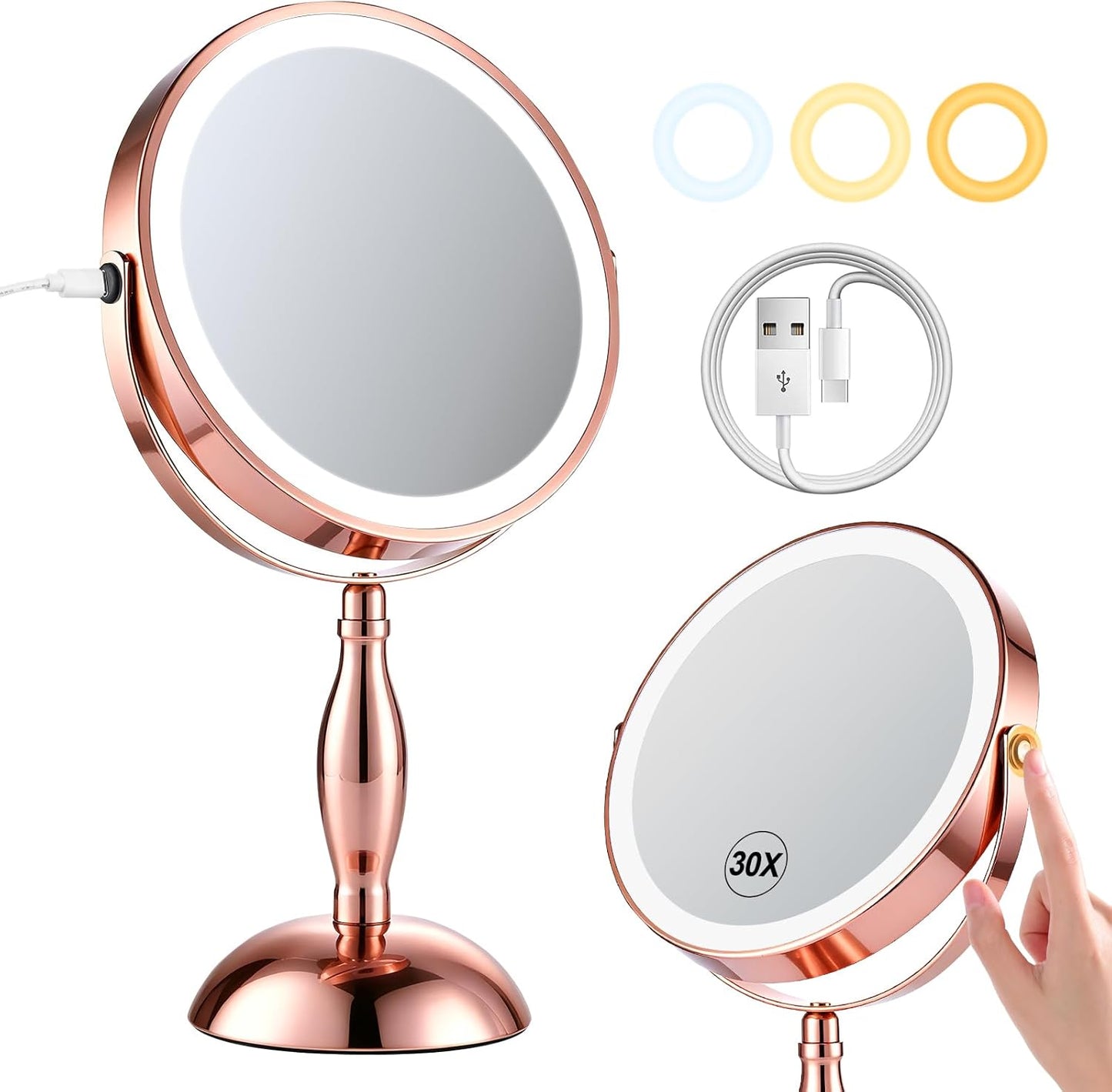 Lighted 30x Magnifying Makeup Mirror - Adjustable Brightness, 3 Color Modes | 5000mAh Rechargeable, 360° Rotation