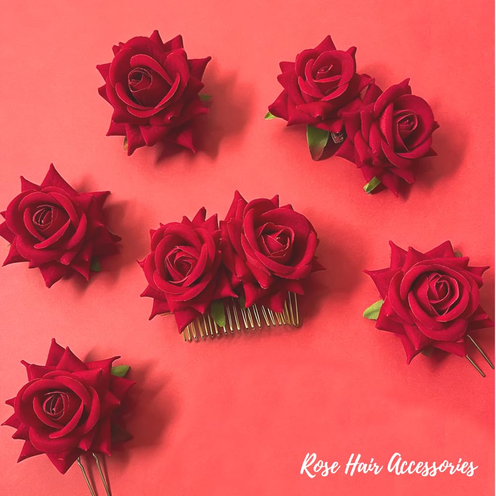 ELLOPH Red Rose Flower Hair Clips for Women - 6 Pcs Floral Hair Barrettes Pins Rose Hair Accessories for Bridal Wedding Halloween Costume, Havana Nights Flamenco Mexican Fiesta Dresses Party Prom