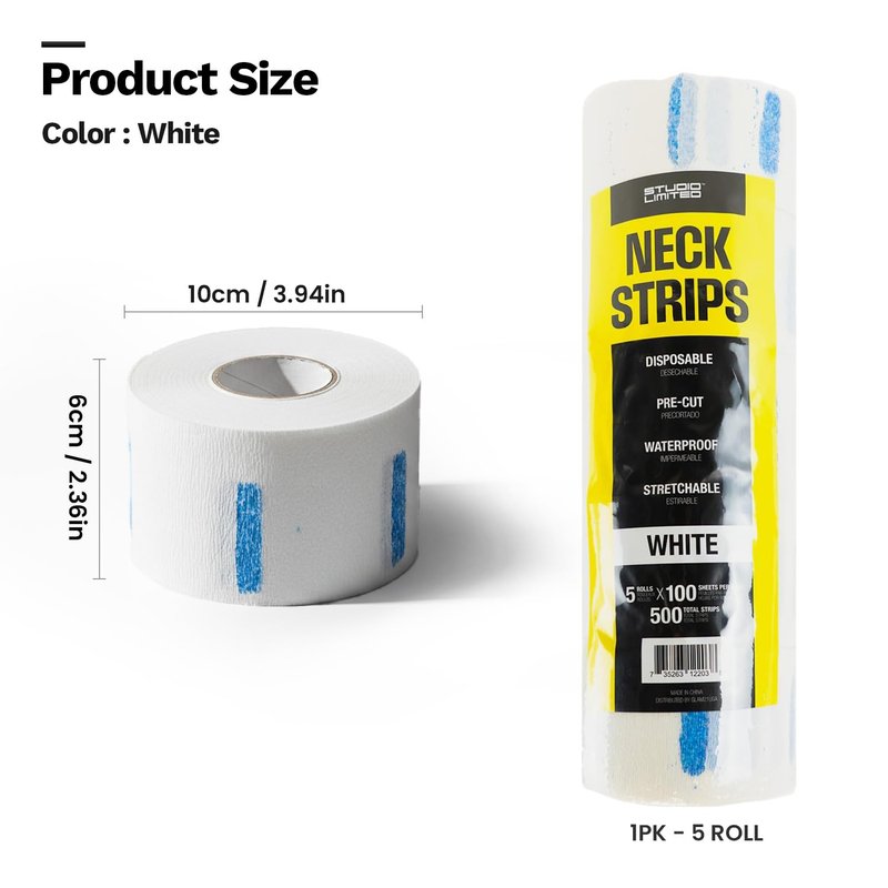 Studio Limited Disposable Barber Neck Strips Tape Paper Roll Barber Supplies Neck Strip Disposable Paper - White (1000 Strips, 10 Rolls)