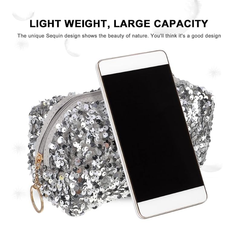 KESYOO Silver Sequin Cosmetic Bag - Portable Square Makeup Toiletry Pouch