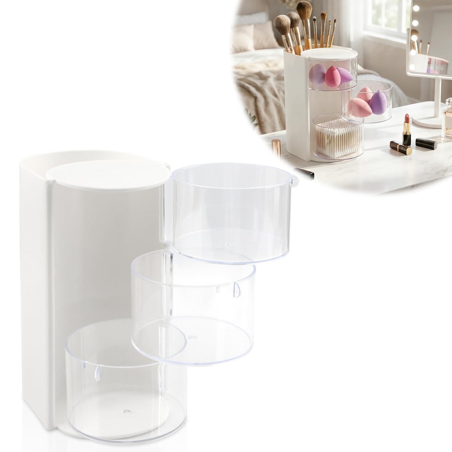 Olnverath 3-Layer Hair Accessories Organizer with Hair Brush Holder, Desktop Organizer Case forDaily Accessories, Rotatable Small Jewelry Box for Clip Earring Necklaces Bracelets Rings(White)
