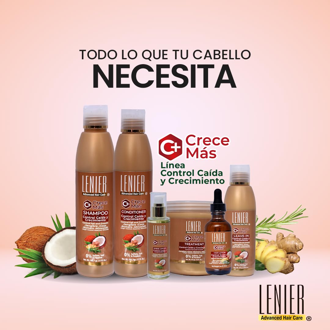 Lenier Crece Más Hair Growth Bundle | 2 Items | Shampoo 17 oz & Hair Treatment 16 oz | Ginger, Coconut Oil & Rosemary | Hair Fall Control & Growth Support | Sulfate & Paraben Free