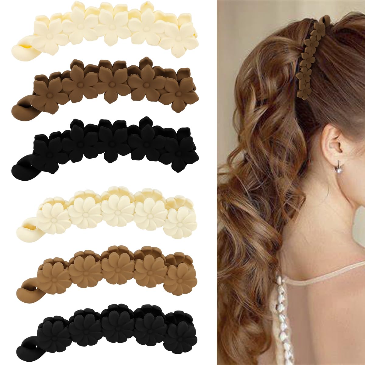 Hair Clips - 6PCS Bow Oval Banana Clips for Medium Thin Hair | 4.1 Inch Matte Strong Hold Half Ponytail Accessories