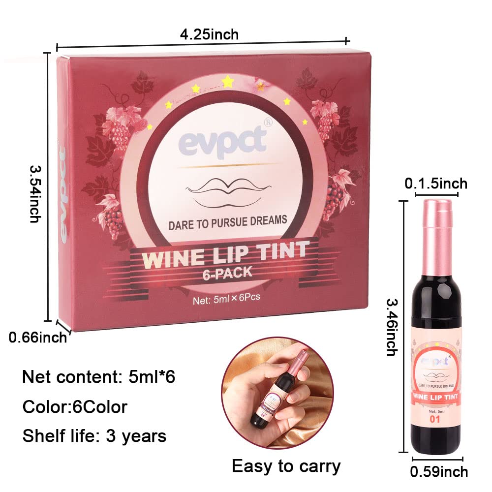 6Pcs Wine Bottle Lip Tint Stain Set - Long-Lasting Waterproof Lipstick | Ruby, Deep Rose, Plum, Brown