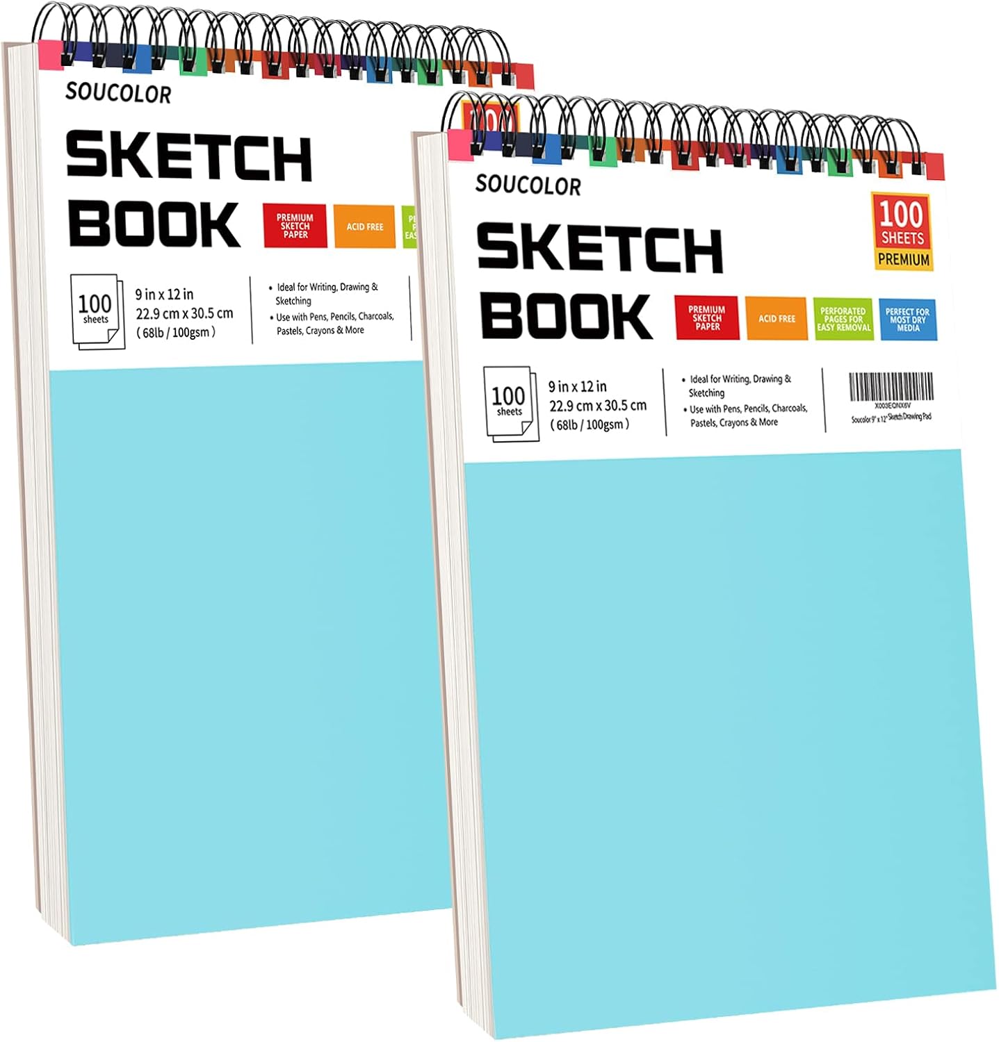 Soucolor Sketch Book - 9" x 12" Top Spiral Bound, 100 Sheets Acid-Free Drawing Paper | Ideal for Kids, Adults & Artists