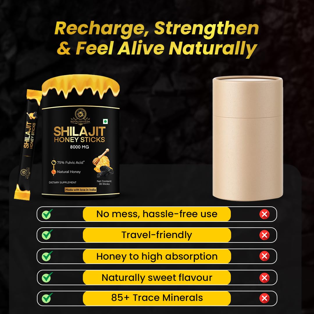Royalishveda Shilajit Sticks with Honey | 75% Fulvic Acid | Easy-to-Use | 30 Sticks for Stamina, Energy Boost & Immune Support (Pack of 1)