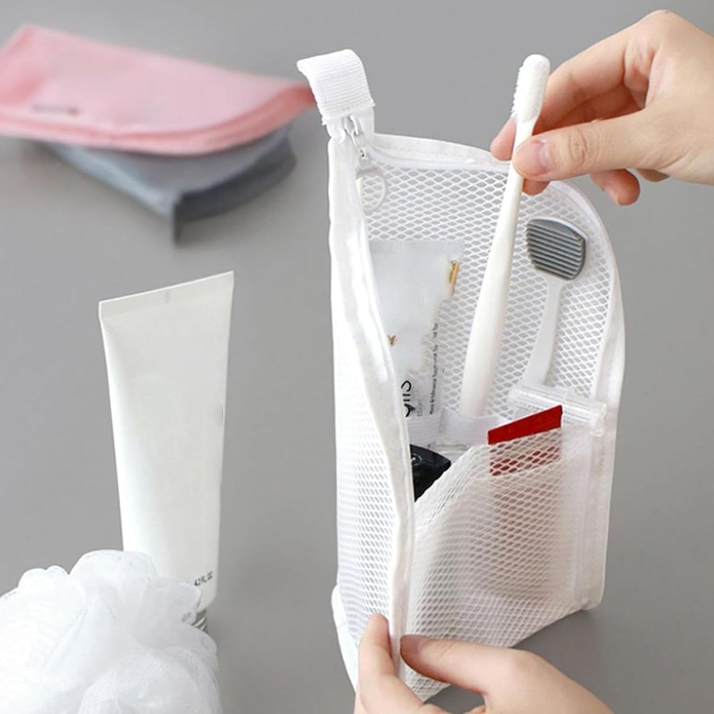 LILVEYUme Standing Travel Toiletry Bag, Portable Lightweight EVA Mesh Clear Cosmetic Organizer, Waterproof Foldable Hanging Storage Bag for Toothbrush & Toiletries (Gray, White)