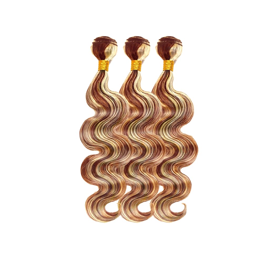 P33/613 Hilight Blonde Bundles Human Hair Body Wave Bundles 30 32 34 Inch Brown Body Wave Bundles Unprocessed Brazilian Virgin Hair Deals Quick Weave Hair Extensions 3 Bundle 100 Gram Per Bundle