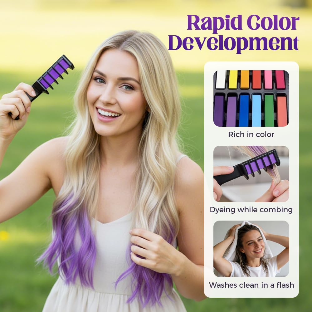 Festive Fun Hair Chalk Combs - 12 Washable Temporary Hair Dye Combs for Girls & Women | Perfect for Birthday Parties & Creative DIY