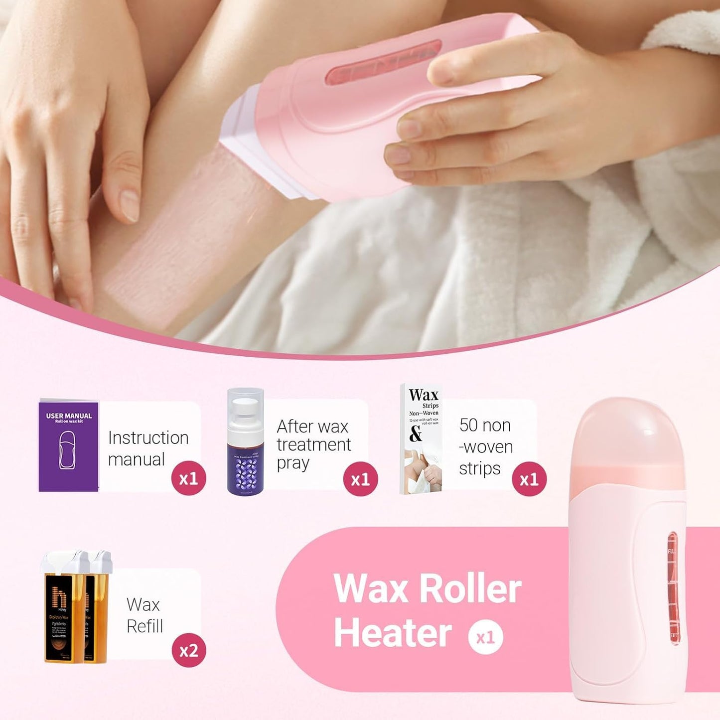 Waxpro Roll On Wax Kit for Women - Easy to Use - At-Home Hair Removal for Body (Arms & Legs) with 2 Wax Roller Cartridges & 50 Strips (Pink)