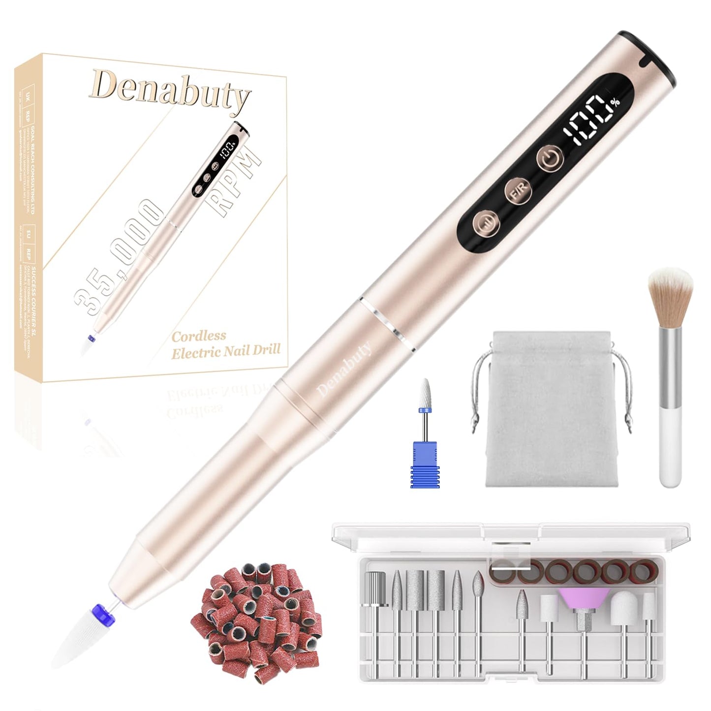 Electric Nail Drill - Cordless 35000RPM Portable Nail File with LCD Display | 12 Bits for Acrylic & Gel Nails, Pink Manicure Kit