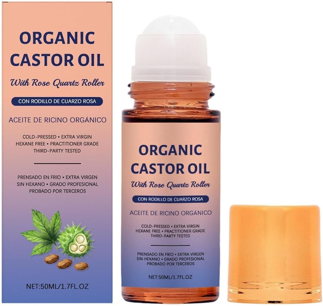 Castor Oil Rose Quartz Roller Ball - Frankincense Infused Cold-Pressed Oil for Face & Neck Care | 50ml / 1.7 fl oz