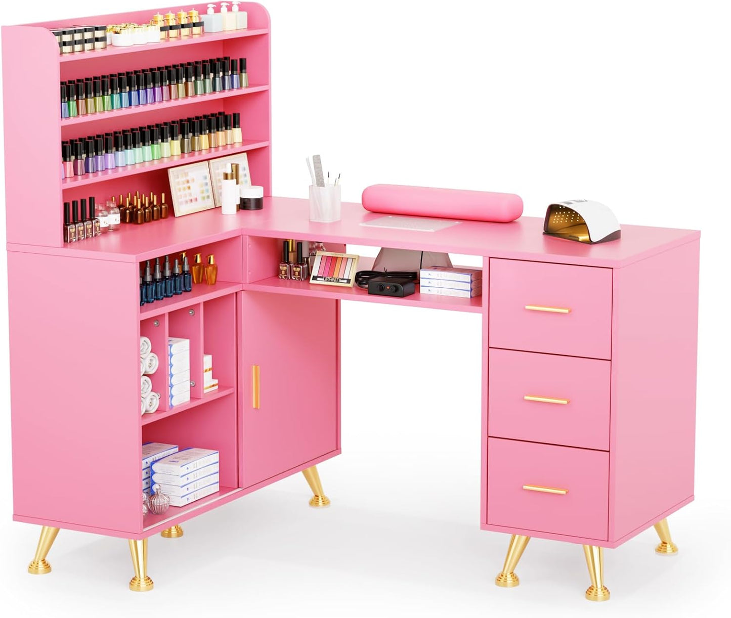 L Shaped Manicure Table with Dust Collector - 52" Corner Nail Desk for Professionals | Acetone Resistant, Storage Drawer & Polish Rack