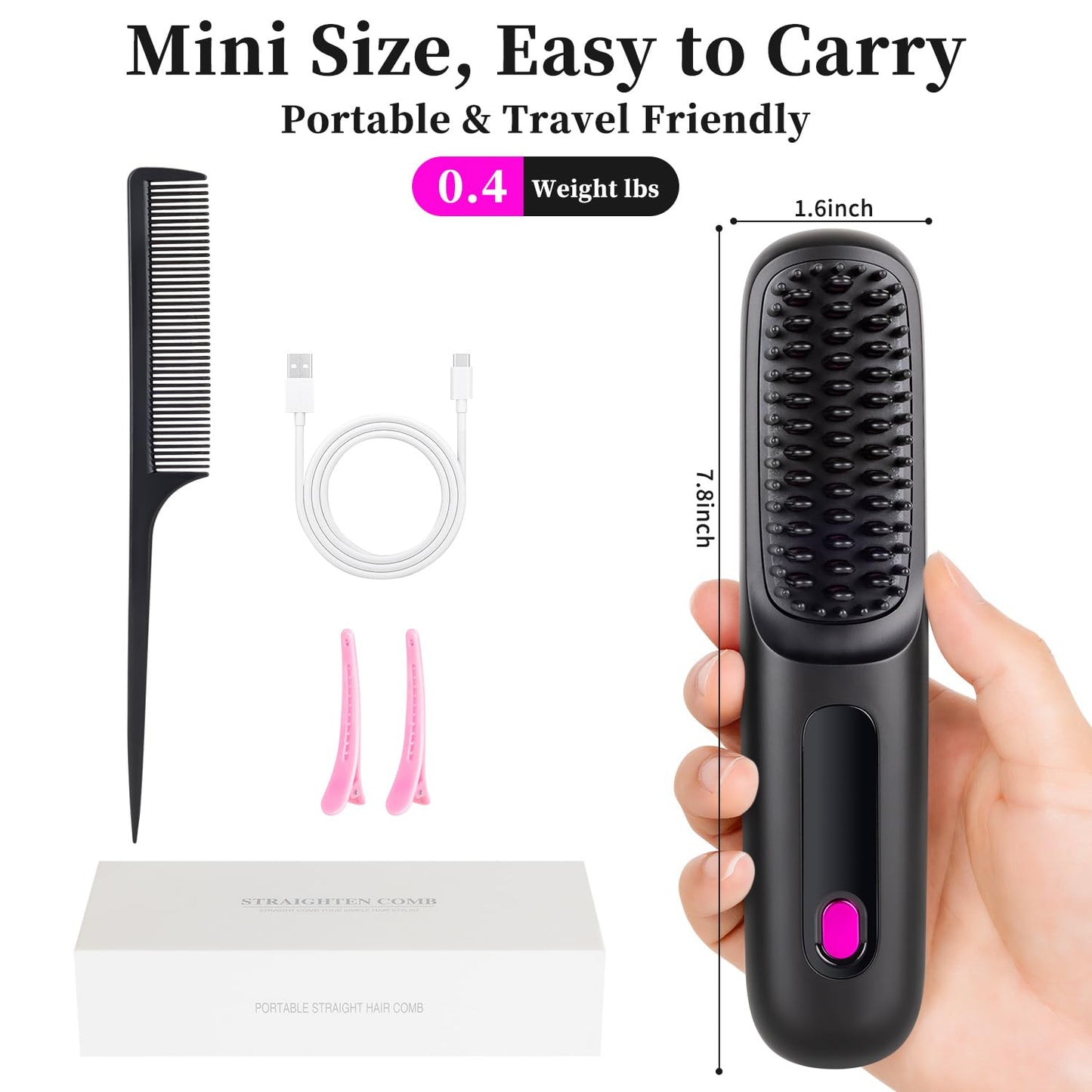 Go Brush Pro,2026 New Cordless Straight Hair Brush, Portable Scald-Proof mini Straight Hair Comb with Three Temperature Settings and LED Display Screen, Quickly Heating Travel Hair Brush (light black)