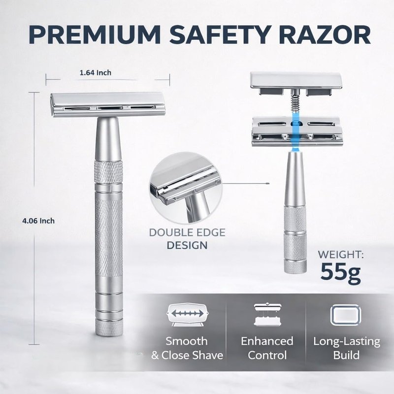 Men's Shaving & Grooming Set, Double Edge Safety Razor, Shaving Brush, Razor & Brush Stand,10 Blades, Shaving Bowl, Valentine Gift For Men, Gift for Fathers/Dads (Silver)