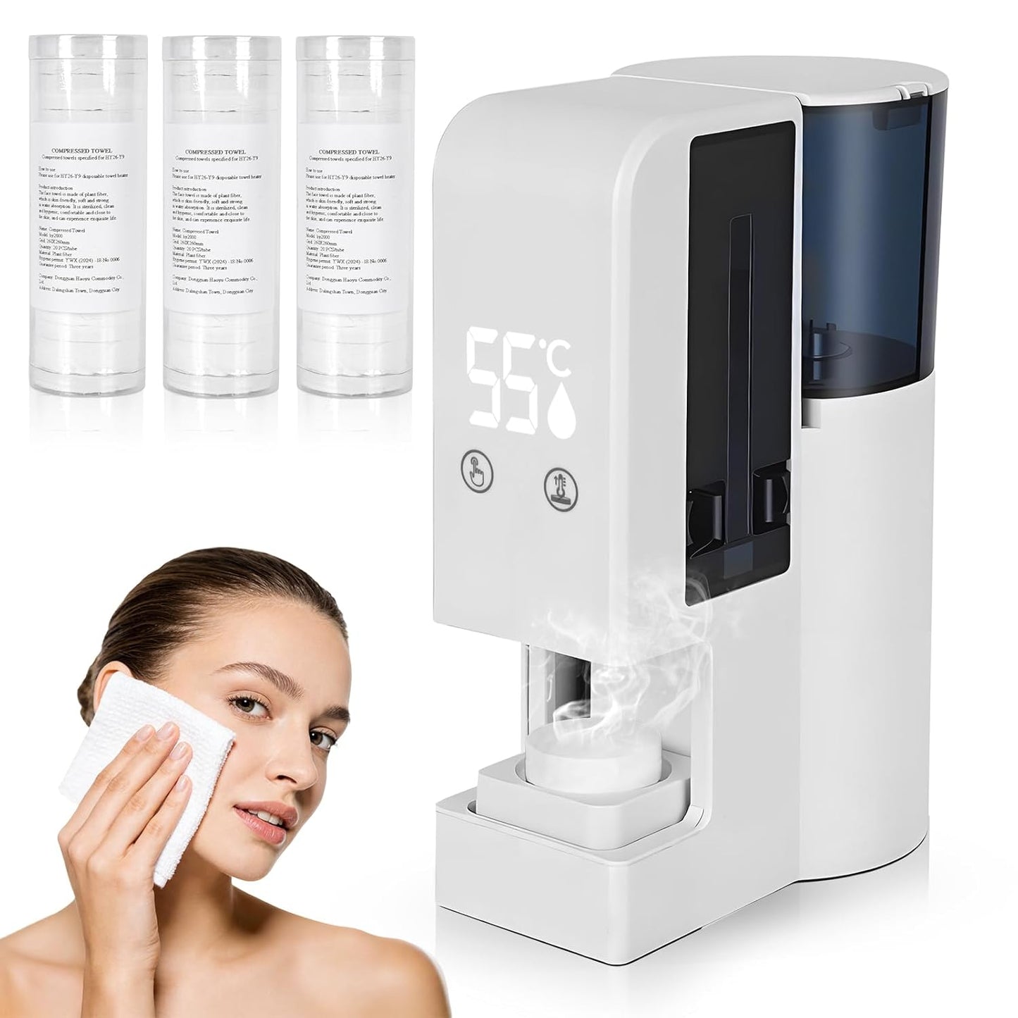 Automatic Hot Towel Dispenser - Upgraded Facial Towel Warmer with 5s Instant Heat | 55°C (131°F) Voice Alert, Wall/Counter Use (100 Towels)