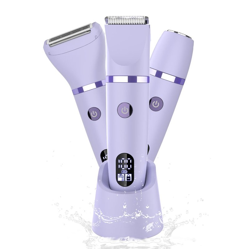 Zivelier 3-in-1 Electric Razor IPX7 Waterproof Bikini Trimmer Wet & Dry Use Painless Personal Trimmer Groomer for Ladies Face Body Legs Bikini Public Hairs Electric Lady Shaver with Replaceable Heads