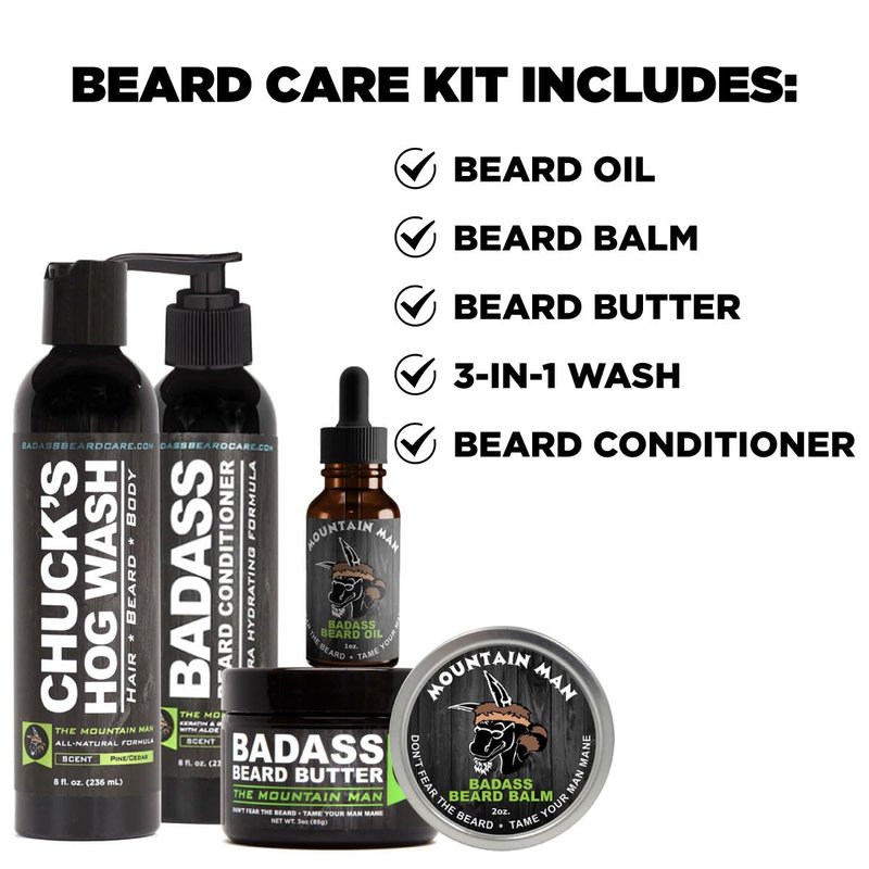 Badass Beard Care Complete Beard Care Kit - 5 Full Size Essentials - Includes Beard Oil, Beard Balm, Beard Butter, Wash and Conditioner - Promotes Fuller & Thicker Beard Growth (The Mountain Man)