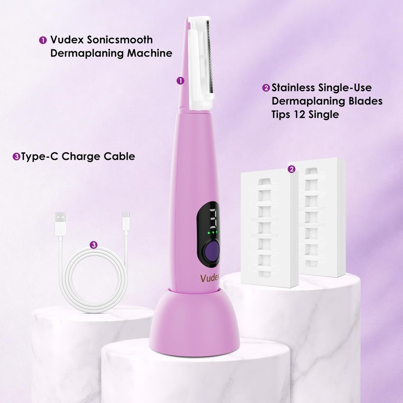 Sonic Dermaplane Razor for Women Facial Peach Fuzz Remove - Facial Hair Removal Kit with 12 Blades, 3 Speeds & LED Light