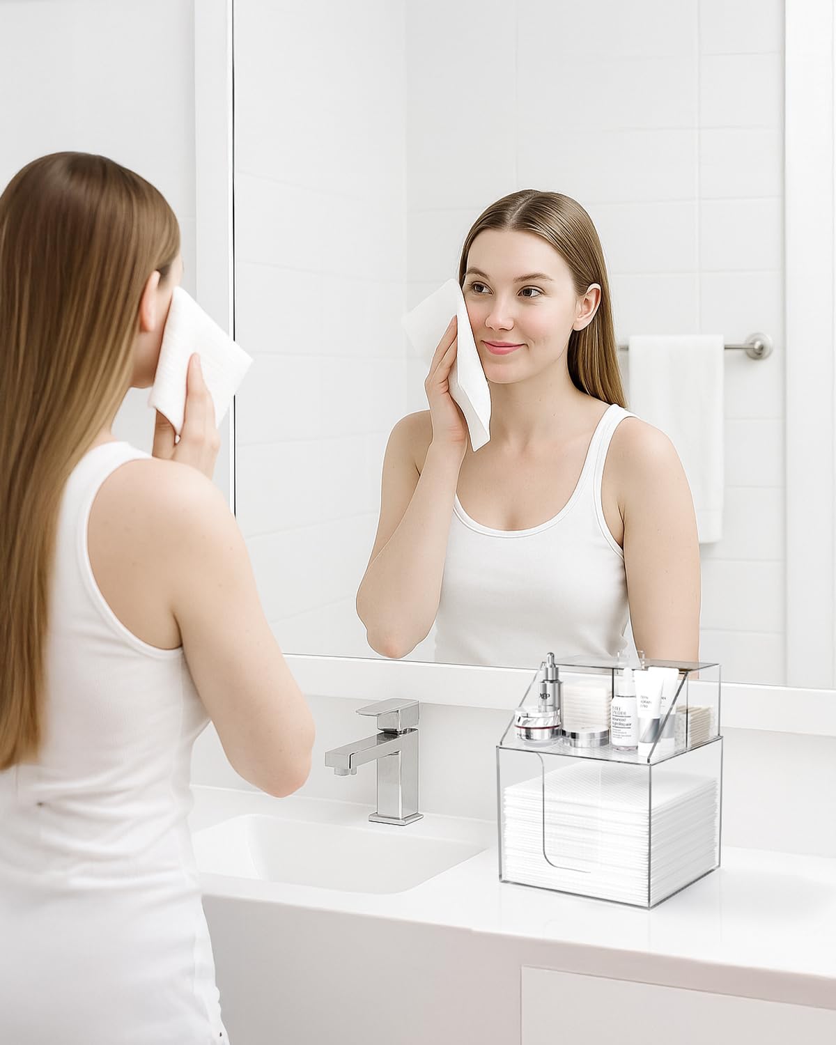 Upgraded Double Layer Face Towels Holder Compatible with Clean Skin Club Clean Towel XL 4-in-1 Acrylic Clean Towels Holder for Cotton Pads & Swabs Bathroom Counter Organizer Clear Face Towel Container
