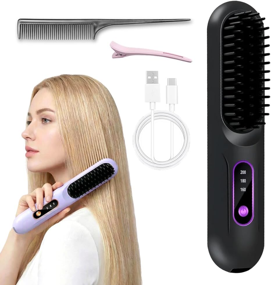 Portable Straightener Brush - Cordless Ionic Ceramic Hair Tool for Long Hair | 30s Fast Heat, 3 Temp Settings, USB-C Rechargeable (Purple)