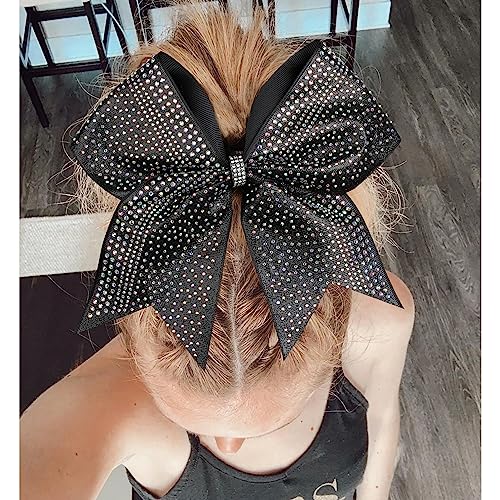 DEKA 8-Inch Glitter Cheer Bow with Rhinestones - Black, Ponytail Holder for Girls & Cheerleaders