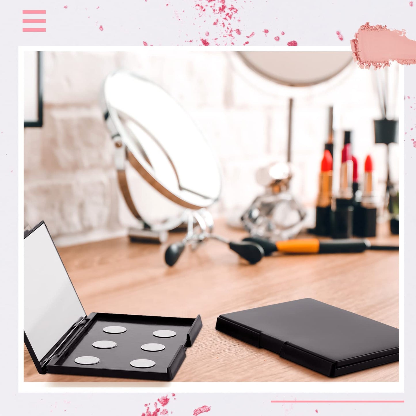 2 Pcs Makeup Plastic Magnetic Palette Magnetic Eyeshadow Empty Cream Blush Palette with Mirror and 30 Round Adhesive Metal Stickers for Eyeshadow Lipstick Blush Powder Foundation, Black