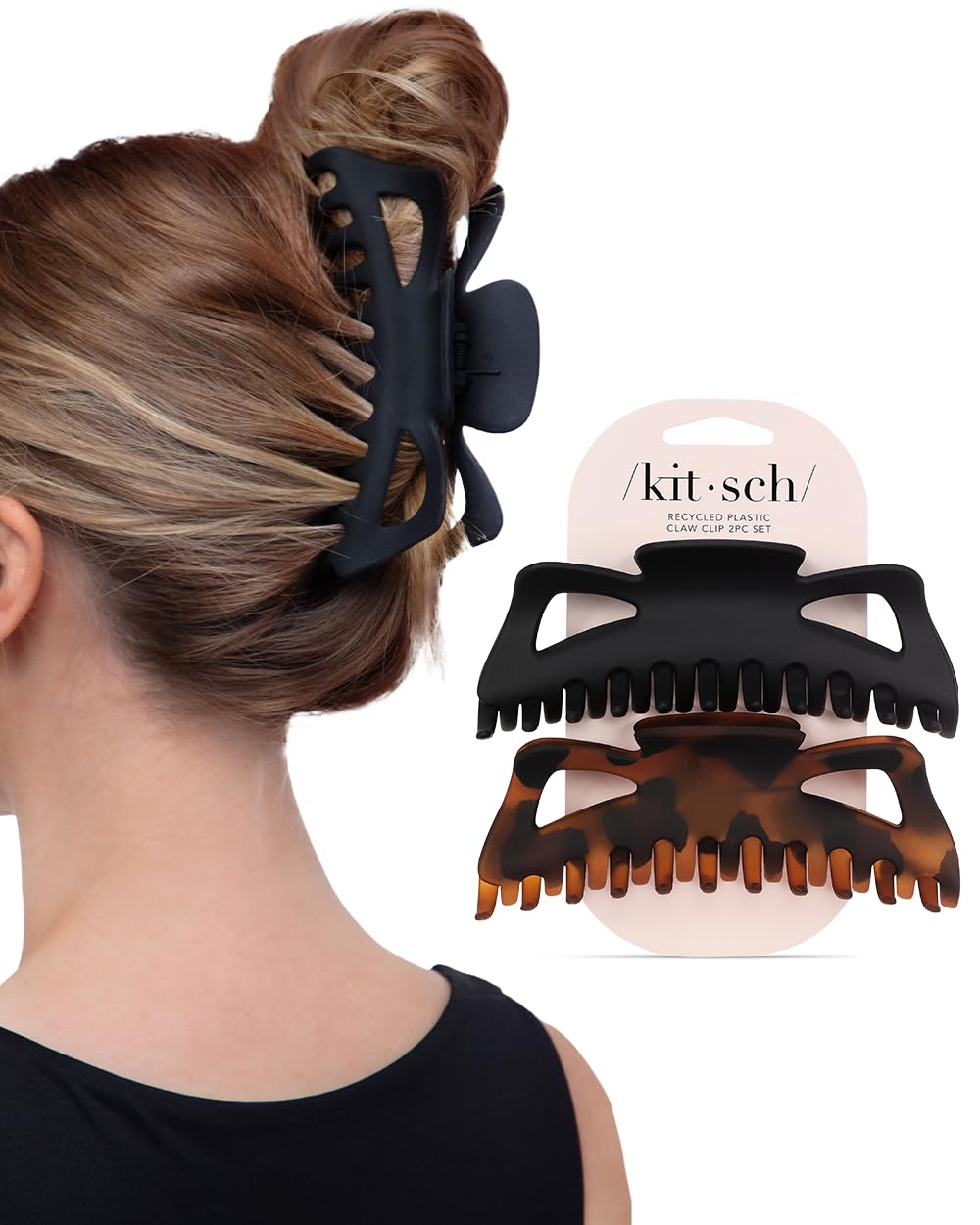 Large Hair Clips for Women - Durable Recycled Plastic Claw Clips | All-Day Hold, Comfortable Fit - Black & Tortoise, 2pcs