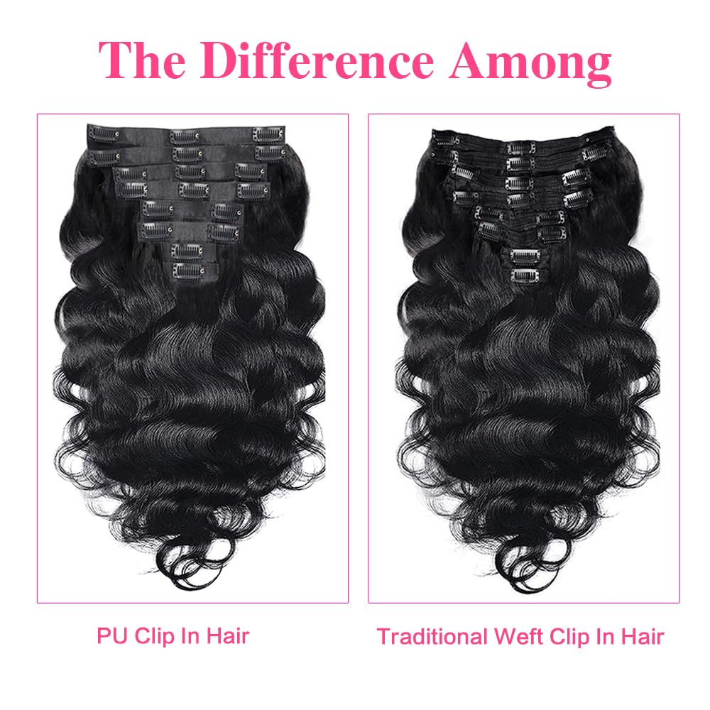 Seamless Body Wave Clip Ins PU Weft Clip In Hair Extensions Real Human Hair Clip Ins 16 Inch 100% Unprocessed Human Hair Extensions 8pcs/set 120g
