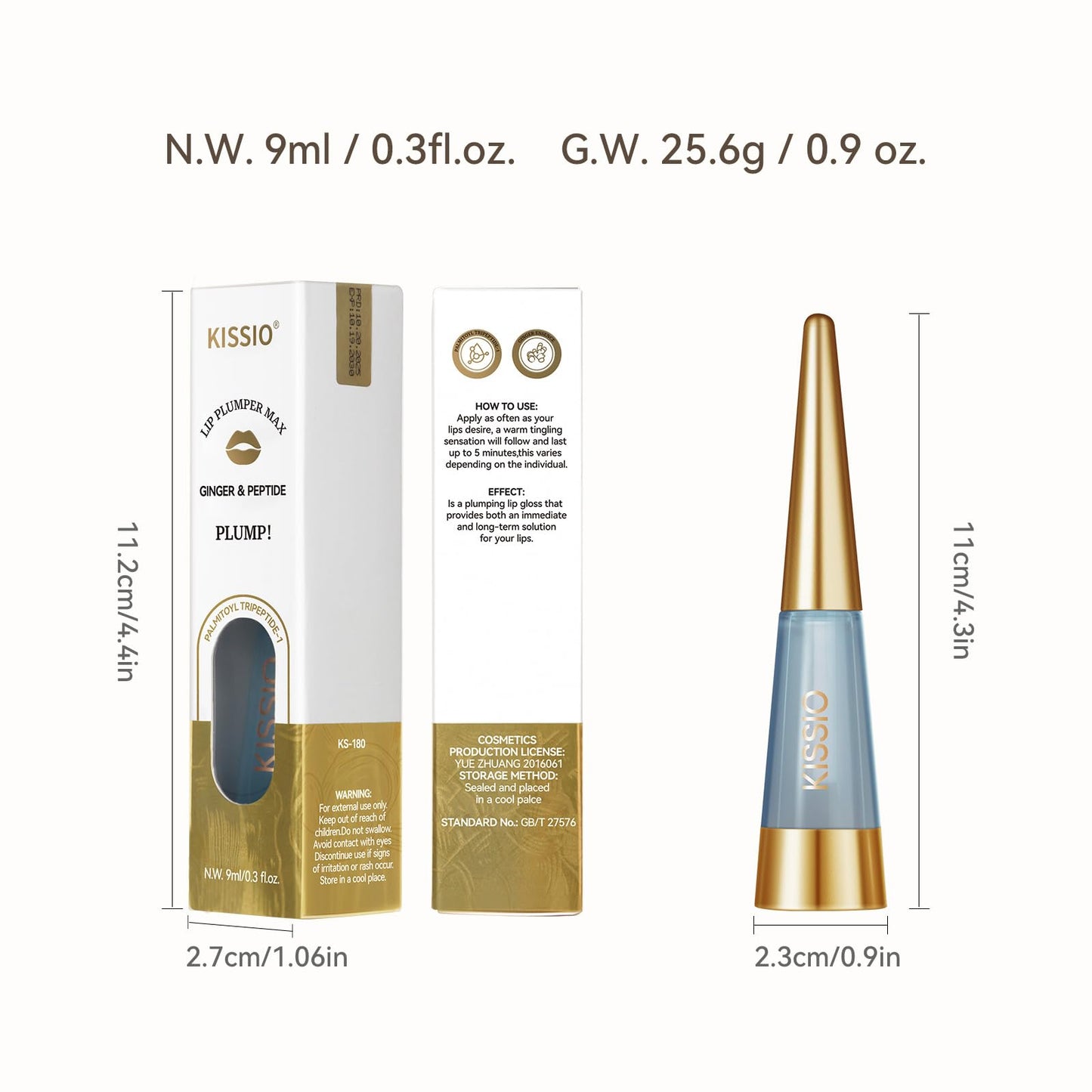 KISSIO PLUMP Lip Plumper,0.3 fl oz (9 ml),Maximum Plump with Ginger and Peptides,Extreme Lip Plumper,Hydrating and Plumping,Lips Line Care,Lips Gloss,Master