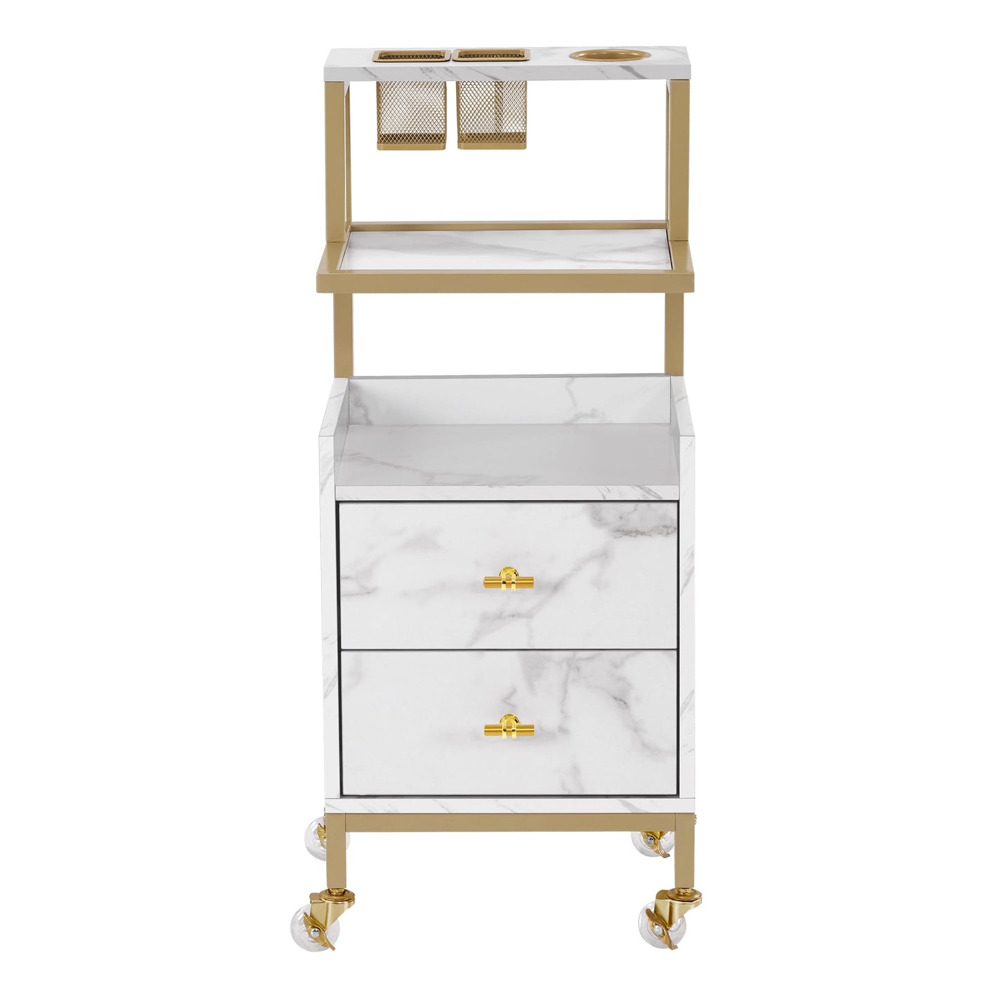 BarberPub Rolling Salon Cart with Storage Drawers, Barber Trolley with Metal Tool Holder & Basket, Beauty Salon Equipment for Hair Stylist 2084 (White Medium Size)