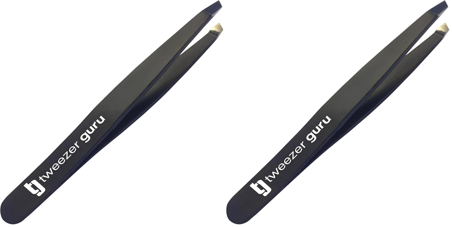 Tweezer Guru Tweezers for Women Facial Hair & Men – Precision Slant-Pointed Eyebrow Tweezer for Ingrown Hair, Blackhead & Splinter Removal (Black) (Pack of 2)