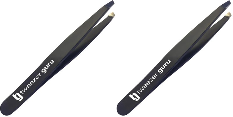 Tweezer Guru Tweezers for Women Facial Hair & Men – Precision Slant-Pointed Eyebrow Tweezer for Ingrown Hair, Blackhead & Splinter Removal (Black) (Pack of 2)