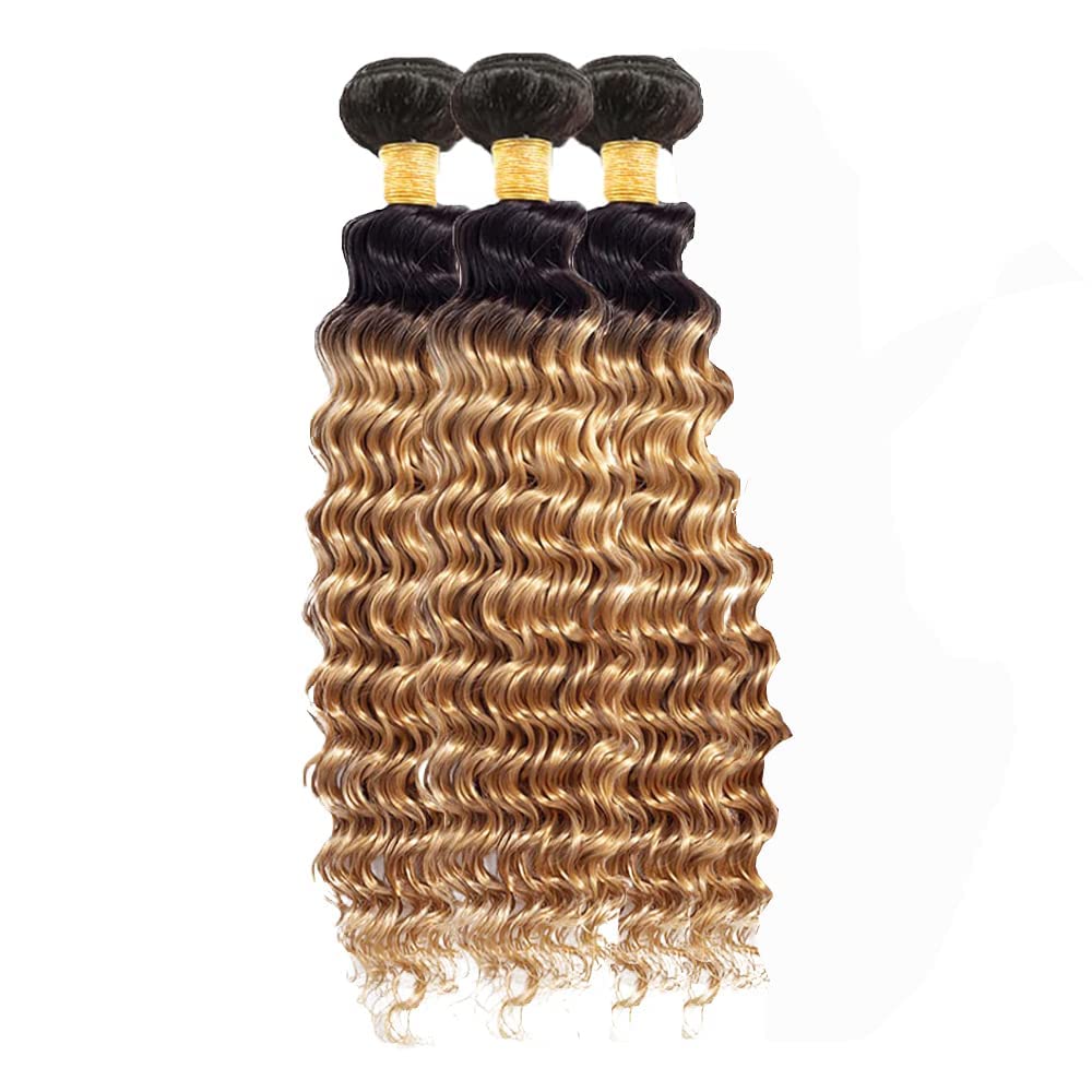 Freiuoke 26 28 30 Inch Honey Blonde Bundles Human Hair Ombre Deep Wave Bundle 27 Deep Wave 3 Bundles/150g Brazilian Virgin Hair Extensions