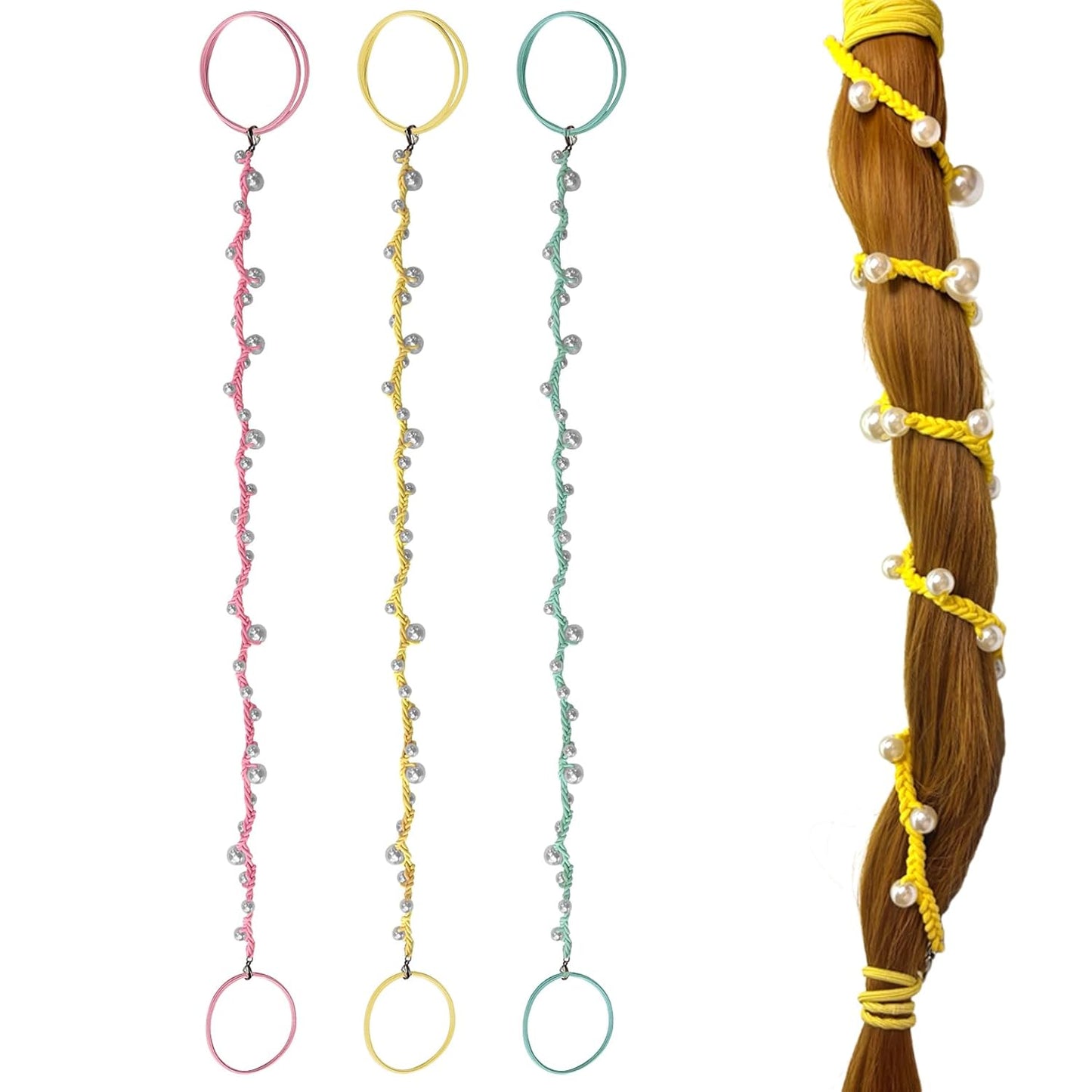 Pearl Hair Ties for Women - Hand-Braided Sport Ponytail Holders | Tangle-Free 16” Wraps in Hot Pink, Blue & Green (3 Pack)
