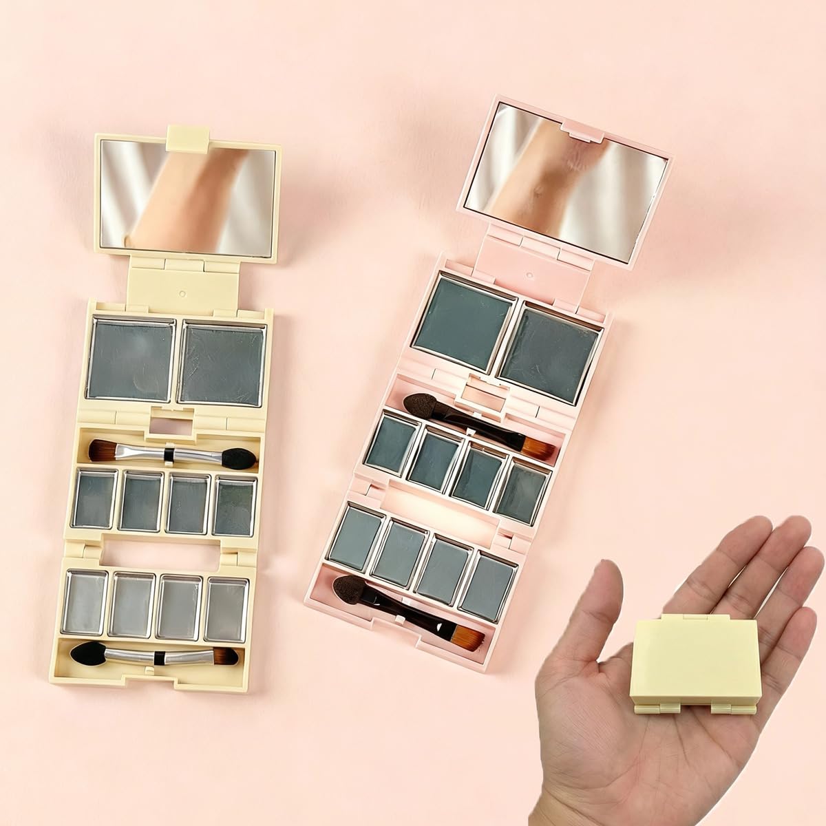 Foldable Magnetic Makeup Palette - DIY Eyeshadow Organizer Kit with Mirror | 3-Layer Portable Case, 20 Pans, 2 Brushes, Pink & Blue